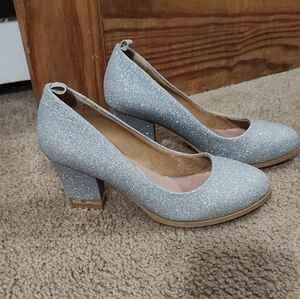 Shimmering Silver Block Heel Pumps